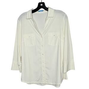 J. McLaughlin Brynn Button Down Off White Knit 3/4 Sleeve Rib Sides Top Size XL
